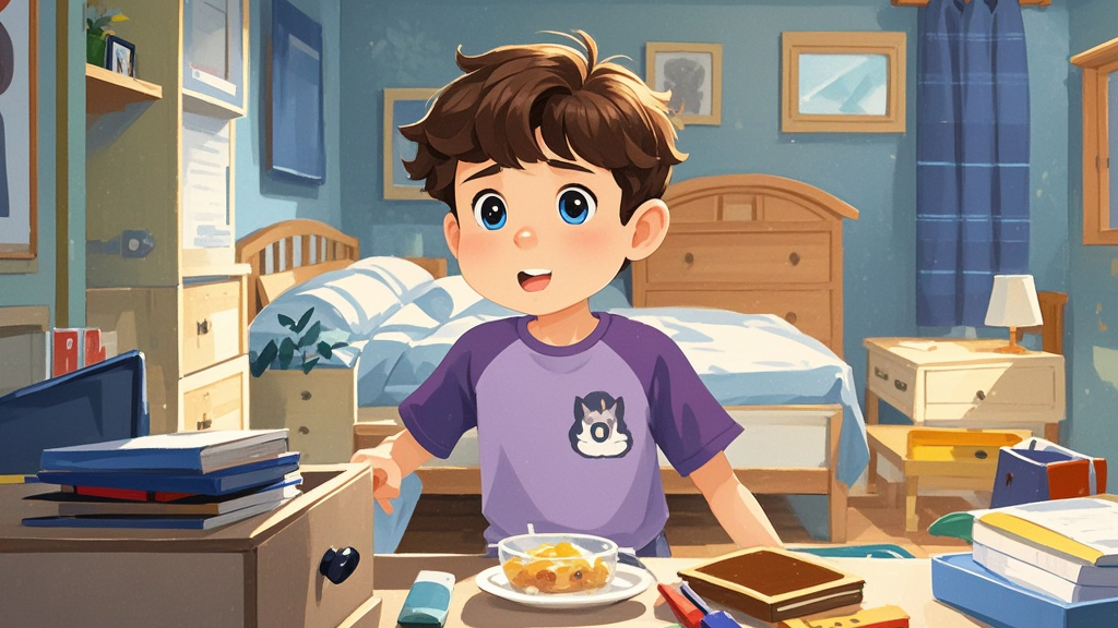 In the morning, Mike is in such a hurry to get dressed and find his school things. There's no time to have breakfast, but his tummy is empty.