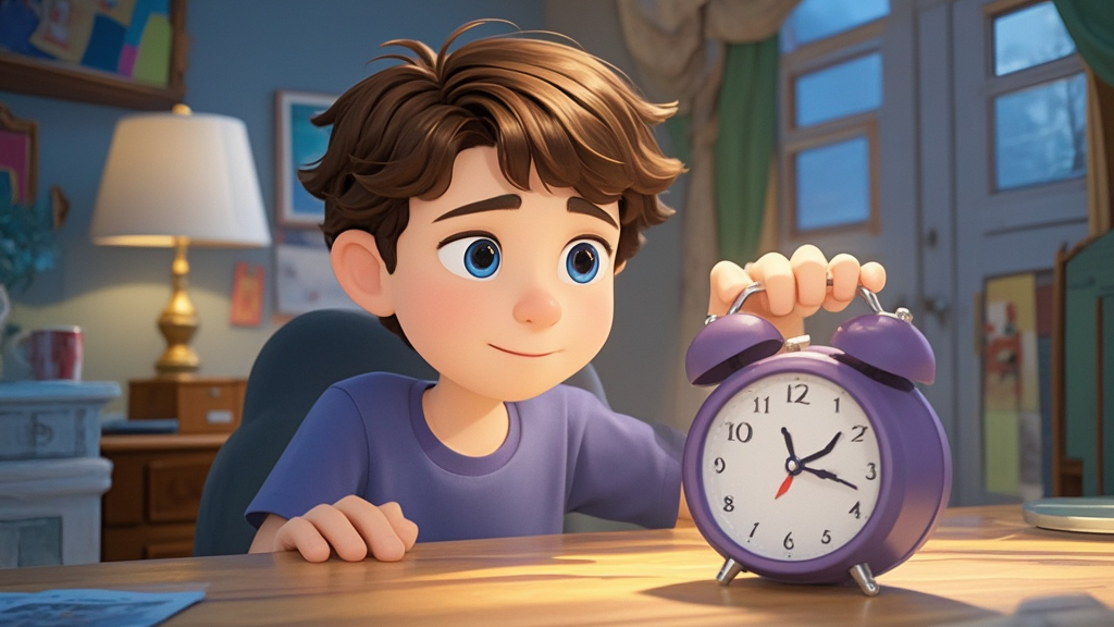 When Mike gets home, he finds his alarm clock. He sets the alarm clock for a very early time. He thinks this clock will wake him up on time.