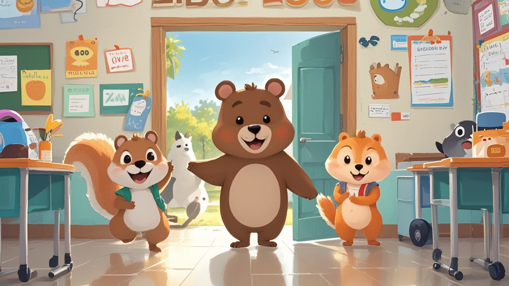 They walk into the school building. They open the classroom door. They see a lot of interesting things in the classroom. They are very happy.