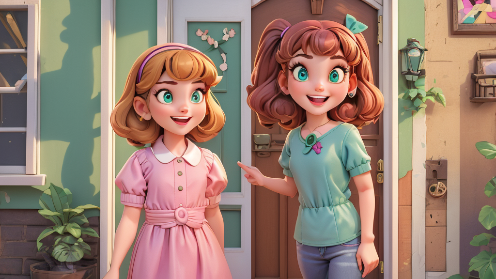 Amy holds the door open for her neighbour. The neighbour is very happy. The neighbour says they will play together soon.