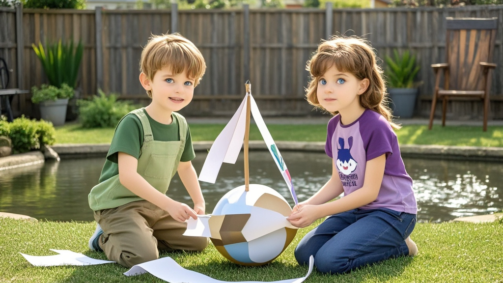 They use the tape and paper to make a small boat with the ball. The boat looks not very perfect, but they're proud of it.