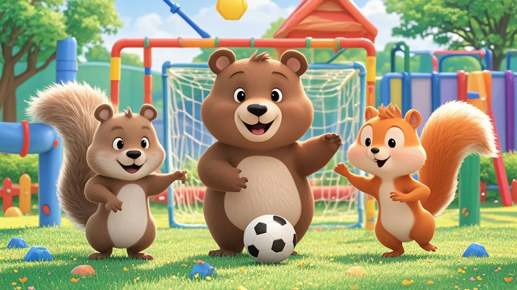 They go to the playground. They look around and find a football. They play football happily. They run around the playground and sweat a lot. They have a great time.