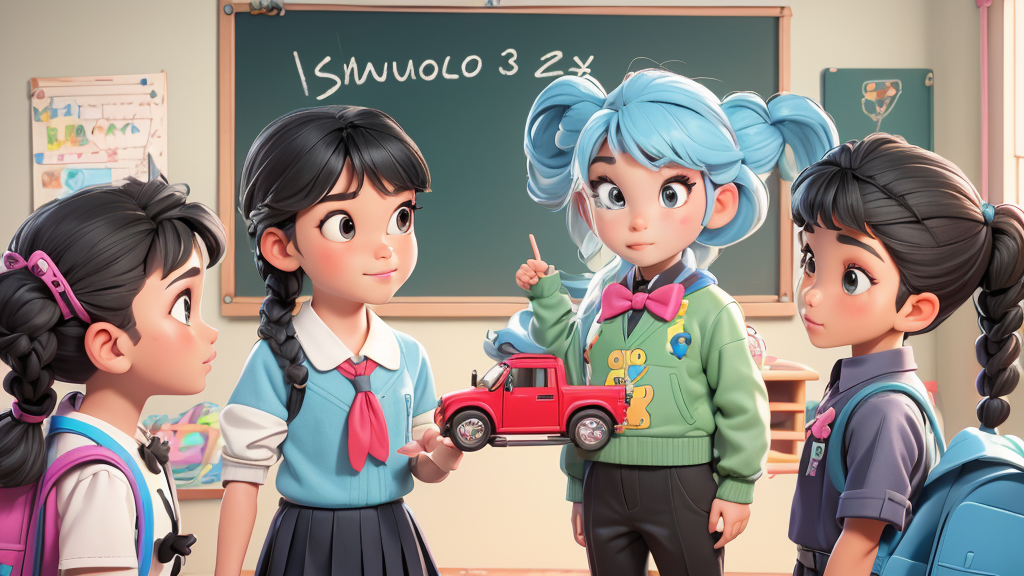 Ai Xiaoxiang saves money and buys a toy car. The car is red and bright. He holds it and smiles happily. Then he takes the toy car to school. He shows it to his friends, and his friends say he is cool.