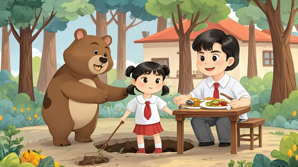 Zoom and his dad helped Chen Jie get out of the hole. Then they sent her back home. They had a delicious dinner at Chen Jie's home.