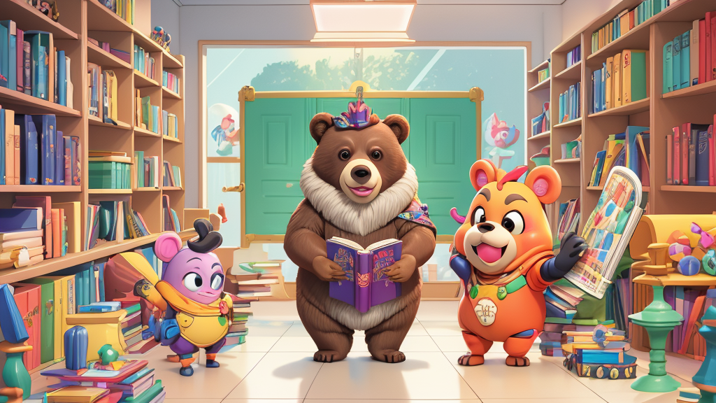 They enter the school. First, they go to the library. They pick some books and start to read. Then the headmaster, a hippo, takes them to the cafeteria. They say, "Wow, it smells so good. I want to have a taste." After that, the headmaster says, "It's dark. Go home quickly. I'll invite you to the school again tomorrow. Goodbye."
