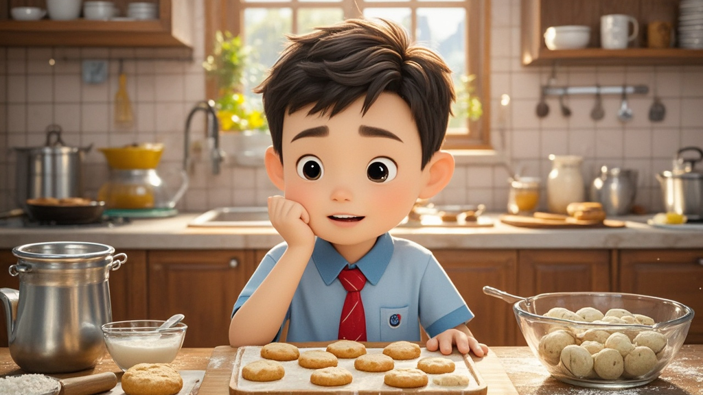 Wu Binbin thinks hard about what to make. He decides to make some delicious biscuits for his parents. Then he goes to the kitchen to get things for making biscuits.
