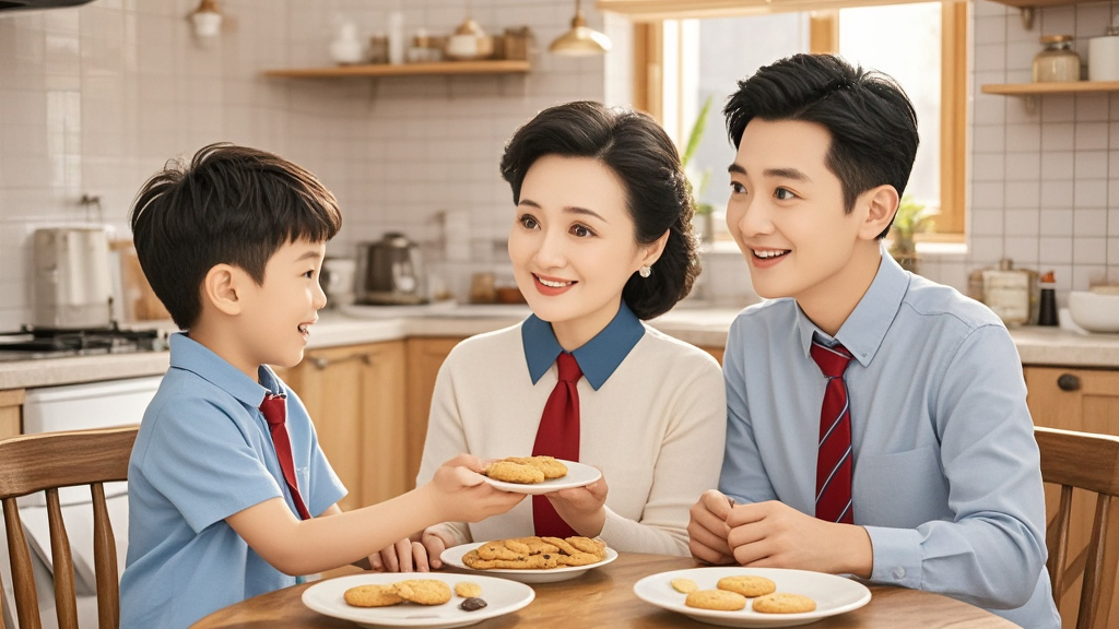 Wu Binbin gives the cookies to his parents. They sit together at the table and enjoy the delicious cookies. Mom and dad say these cookies are the tastiest they have ever eaten.