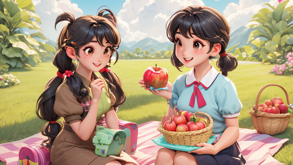Zoom and Chen Jie share food together. Zoom gets some big apples. Then Chen Jie takes some big cakes. They start to share their food.