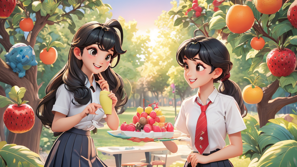 The apples are big. The apples and the cakes are very delicious and very big. Zoom and Chen Jie are very happy. In the evening, they say goodbye. Chen Jie says, "Goodbye." Zoom says, "Goodbye."