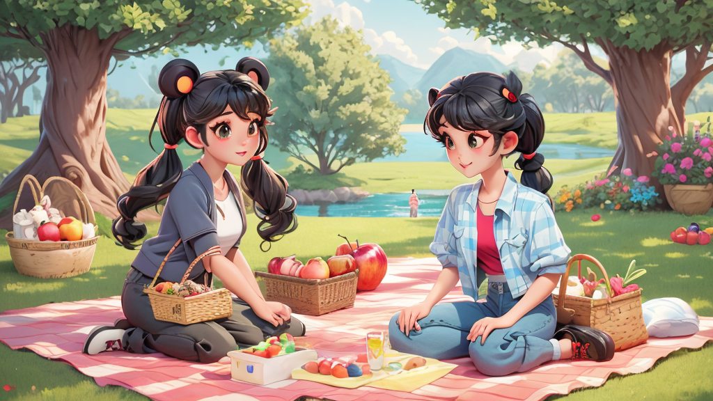 Zoom and Chen Jie share food together. Chen Jie wants another very big cake. Zoom wants another very big apple.
