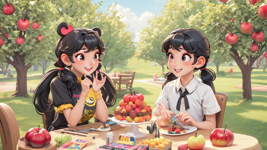 The apples are big and delicious. The cakes are fragrant and sweet. Zoom and Chen Jie are very happy when eating.