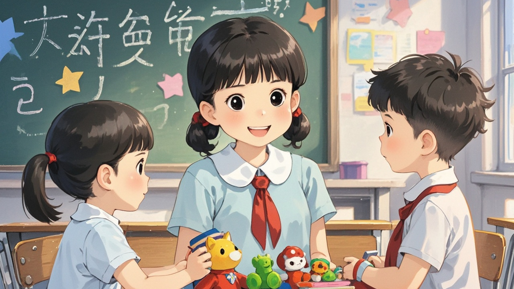 At break time, Chen brings toys to share. We play together. Now she has many friends. She is no longer shy.