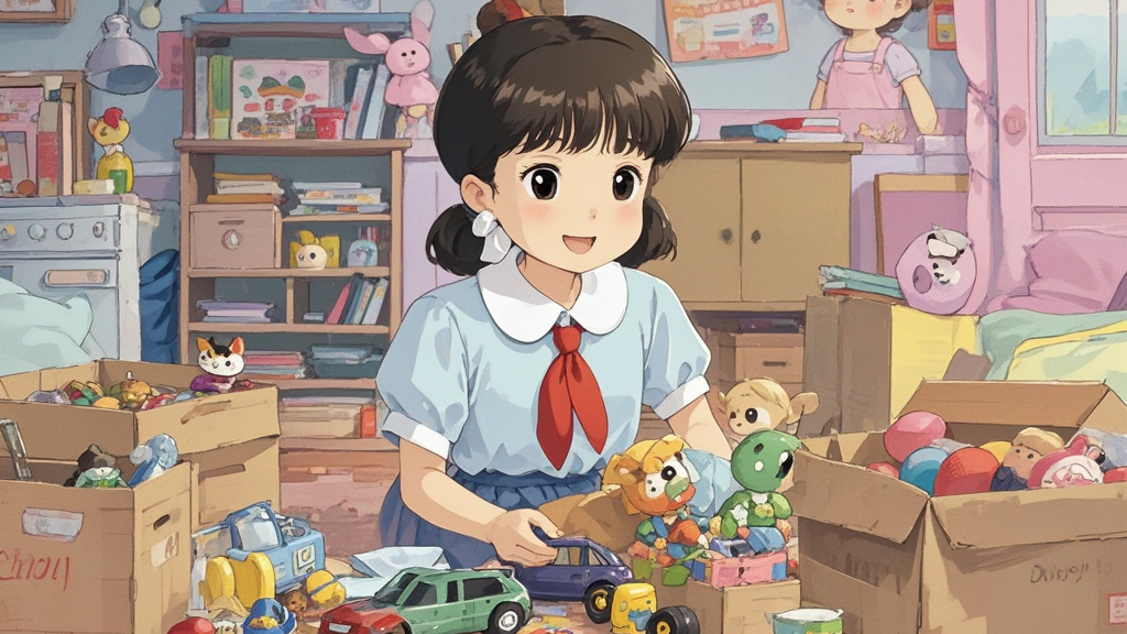 Mum asks Chen Jie to clean the room. She says Chen Jie can put away her toys. Chen Jie picks up the dolls and cars. Then she puts them into the boxes.