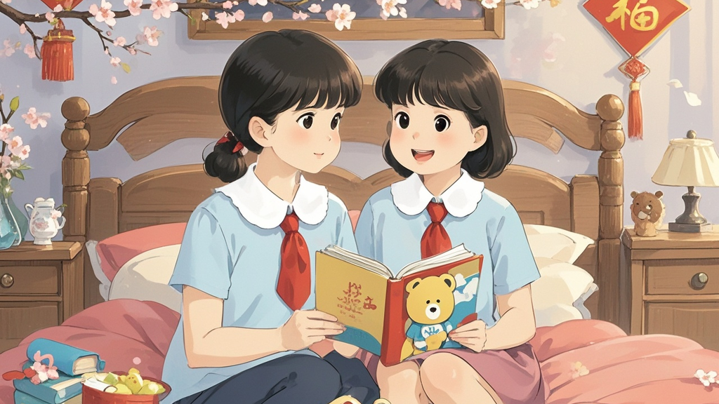 During the Spring Festival, Chen Jie finds a lost storybook. The storybook is about a little bear. Chen Jie and her mother sit on the bed and read this book.