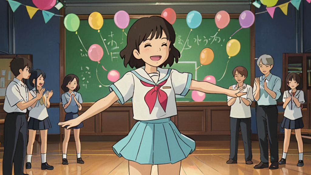 There's a school party. Chen Jie dances very well. She follows the music perfectly. We clap for her.