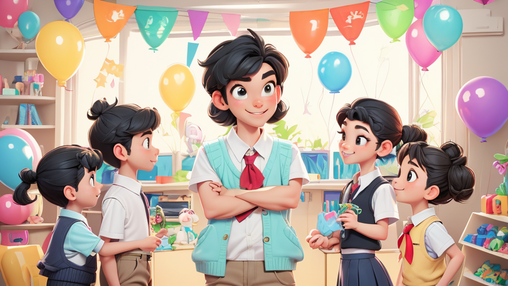 We draw 'Welcome Chen Jie' picture. We talk with Chen Jie. We are happy and say thank you.