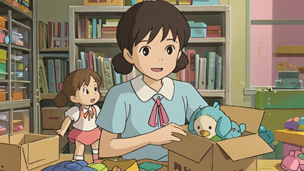 Mum asks Chen Jie to clean the room. The doll helps clean the room. She says, "You can put away the toys." She picks up the doll and the car. She puts them into a box.