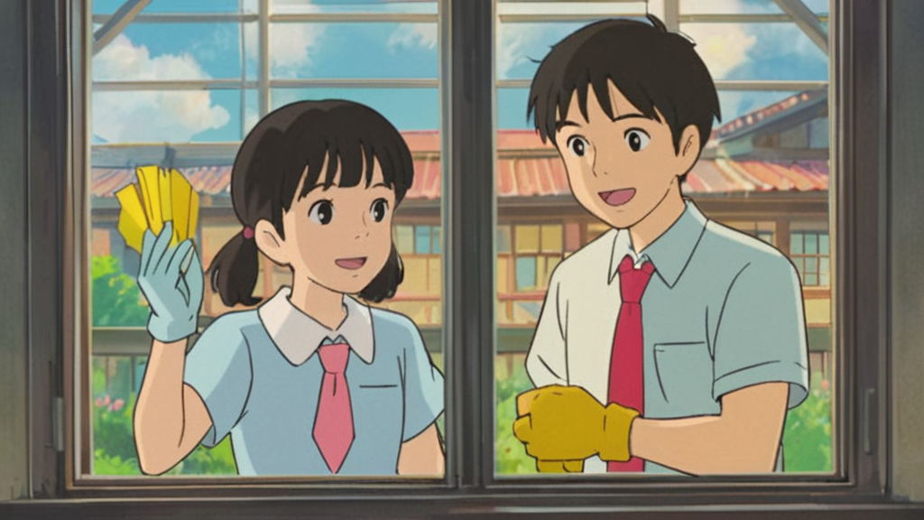 Dad joins them. They clean the windows together. The windows are bright. They are a great team. Dad says so.