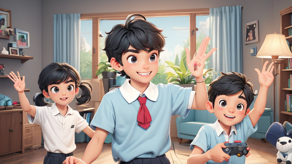 Chen Jie says, "I play games with my brother and sister." We wave our arms and dance. We like this.