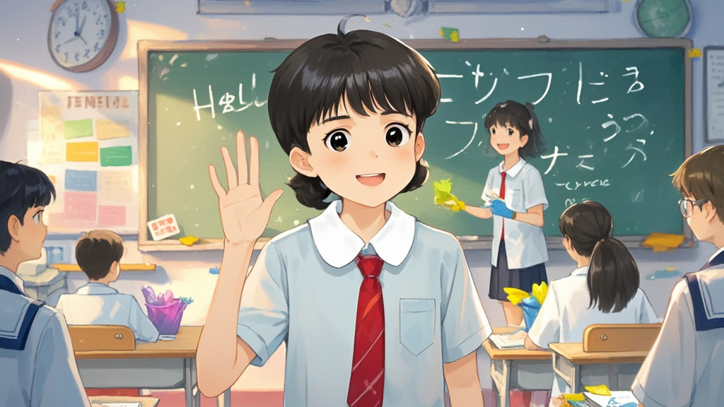 Chen Jie says "Hello" to everyone. He helps us clean the classroom. We all like him.