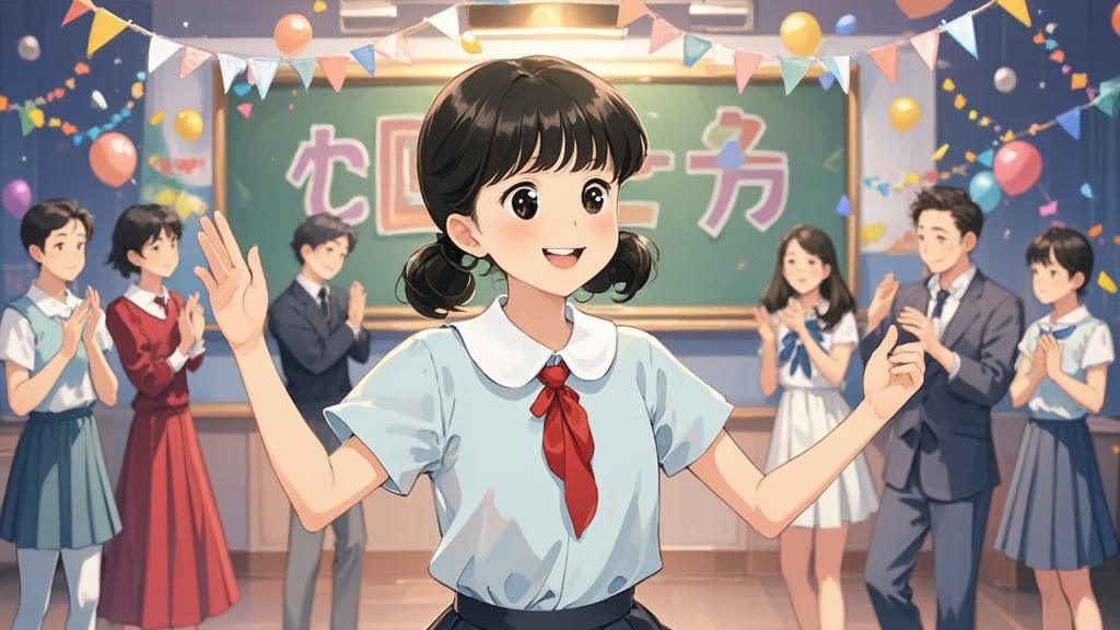 There's a school party. Chen Jie dances very well. She follows the music perfectly. When she stops, we all clap for her. We are happy for her.