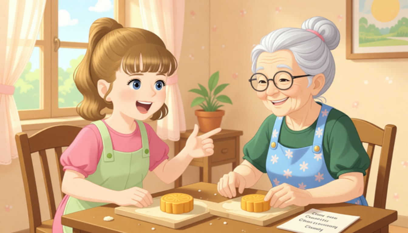 Sarah says, "Look, my aunt is going to make mooncakes." My grandma will tell us the story of Chang'e. I will read a poem about family.