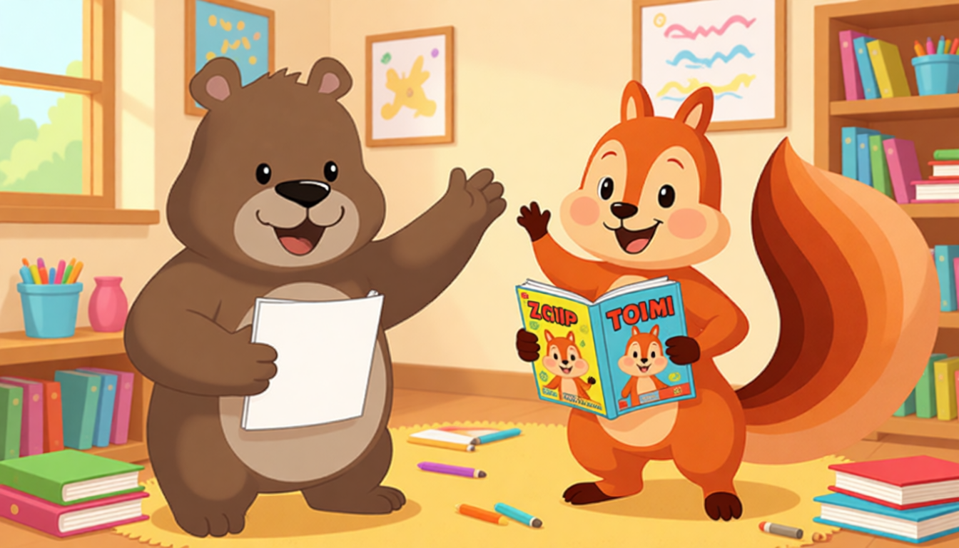 Zip gets a comic book with bright pictures. The letters take some drawing paper. They take their things and leave. Zip holds his book happily. Zoom waves his drawing paper, ready to draw and share to make everything better.