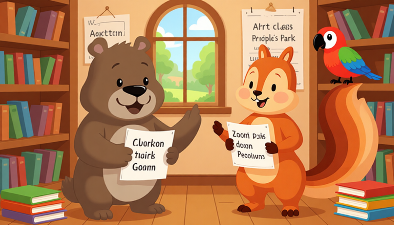 Let’s go to the bookstore.
Okay!
What letters are you going to buy?
I'm going to buy a new comic book.
Z doesn't say. I'm going to buy some comic paper letters.
Why zip one?
I'm going to have an art class.
The parrot says, "What are you going to do in class?"
Zip asks, "I'm going to draw some pictures in People's Park."
Zoom says, "That sounds great."