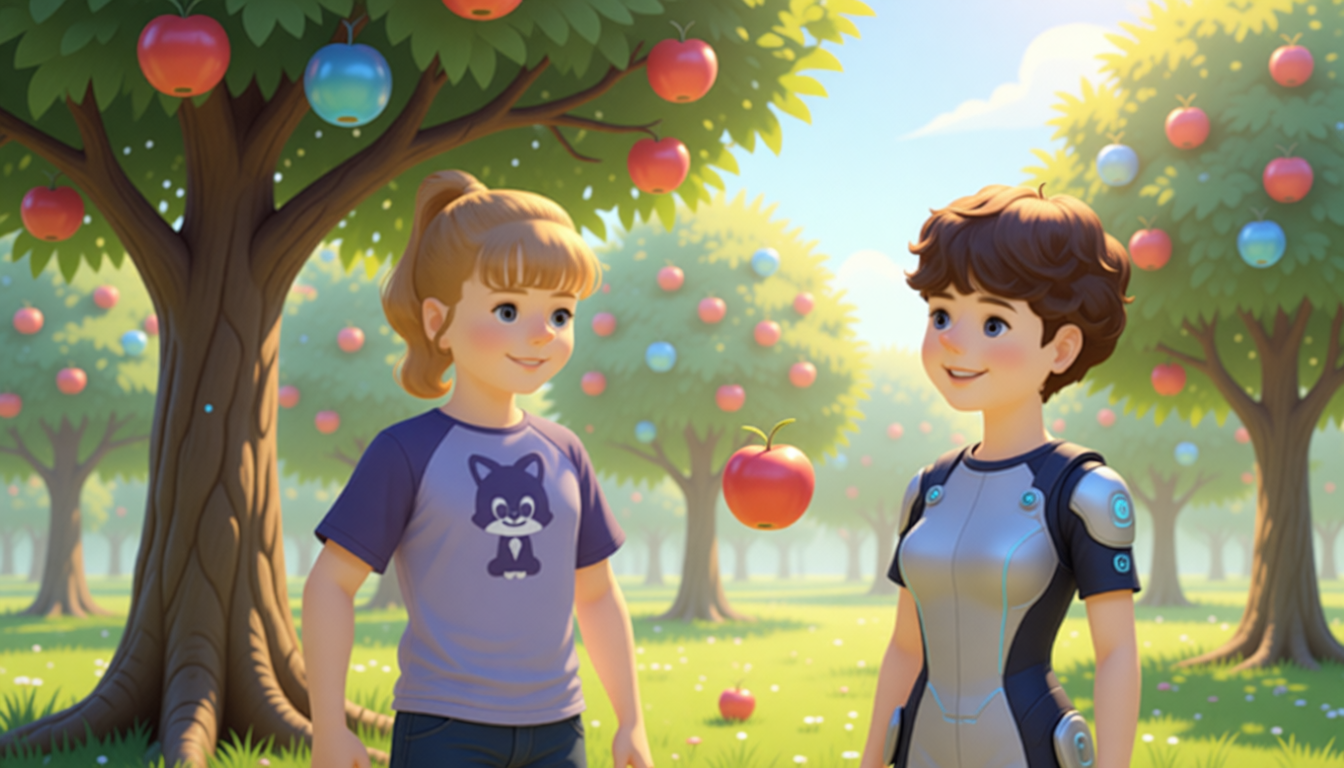 After some hard work, the trees give them fruit. The apple tree gives Mike apples.