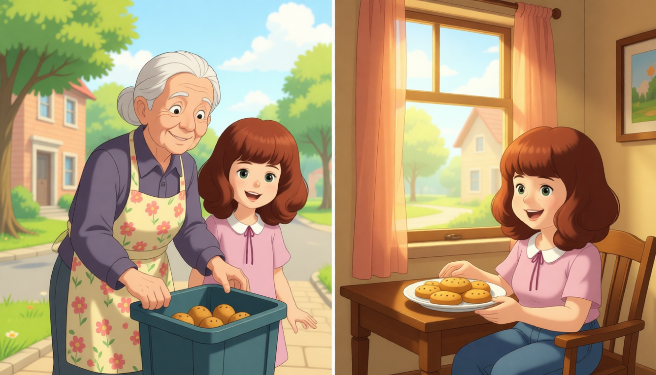 Amy helps the elderly neighbours take out the trash. The elderly neighbours are very happy. They invite Amy to eat yummy cookies at home. Then they might go for a walk.