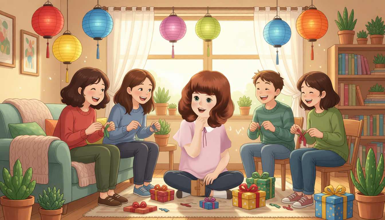 Amy will share these gifts with her friends. Then they can have a little party. They share the gifts. They play games. They have lots of fun.