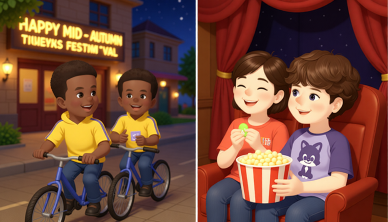 Mike and John ride bikes to the cinema. Mike counts his coins. He has enough money. A kind lady gives them tickets and says, "Happy Mid-Autumn Festival." The boys sit on soft chairs. Mike and John share a big bag of popcorn. They are very happy.