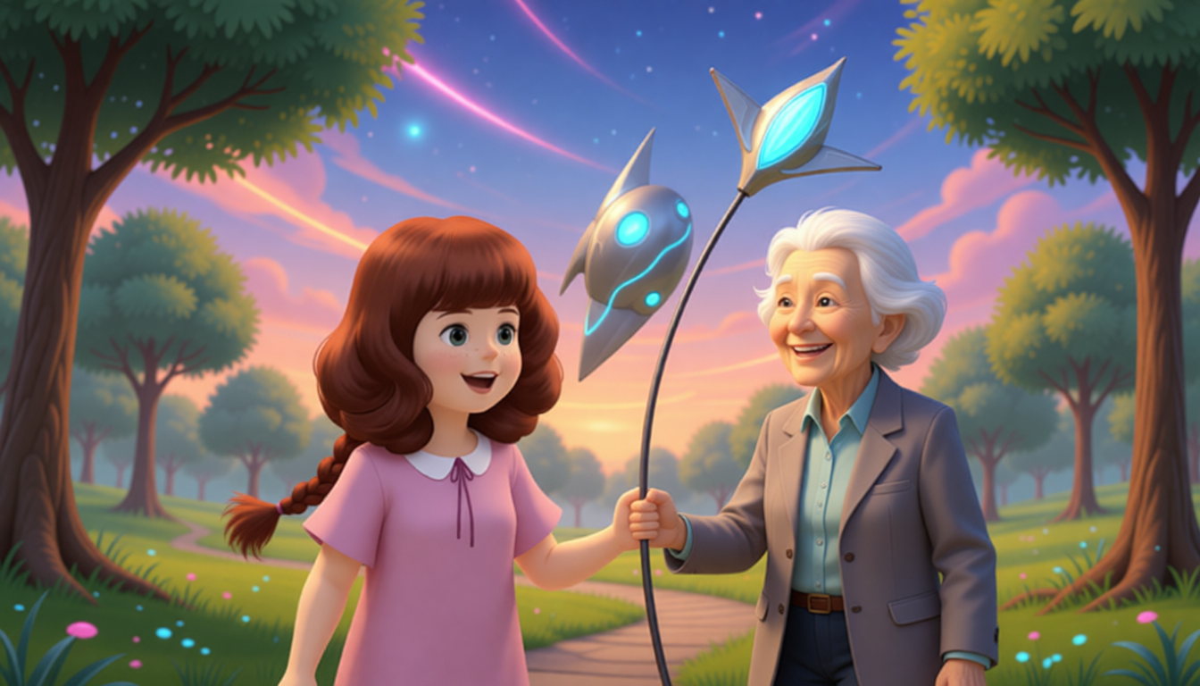 Amy holds the door open for her neighbour. The neighbour is Grandma Li. They walk to the community park. They take a kite with them. They fly the kite happily.