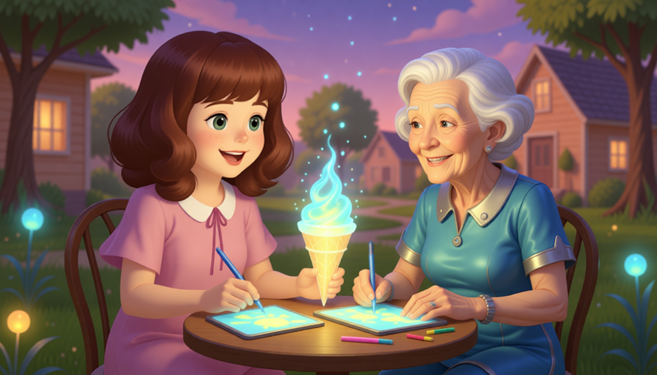 Amy’s neighbour is very grateful to her and says "thank you" to Amy. The grandma says "thank you" to Amy. She invites Amy to eat ice cream together. Then they draw pictures together.