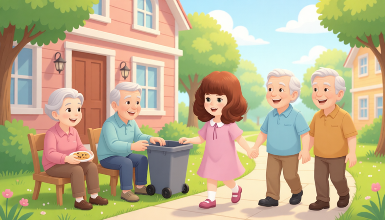 Amy helps the elderly neighbours take out the trash. The elderly people are very happy. They invite Amy to their home. They eat delicious cookies. They can go for a walk.