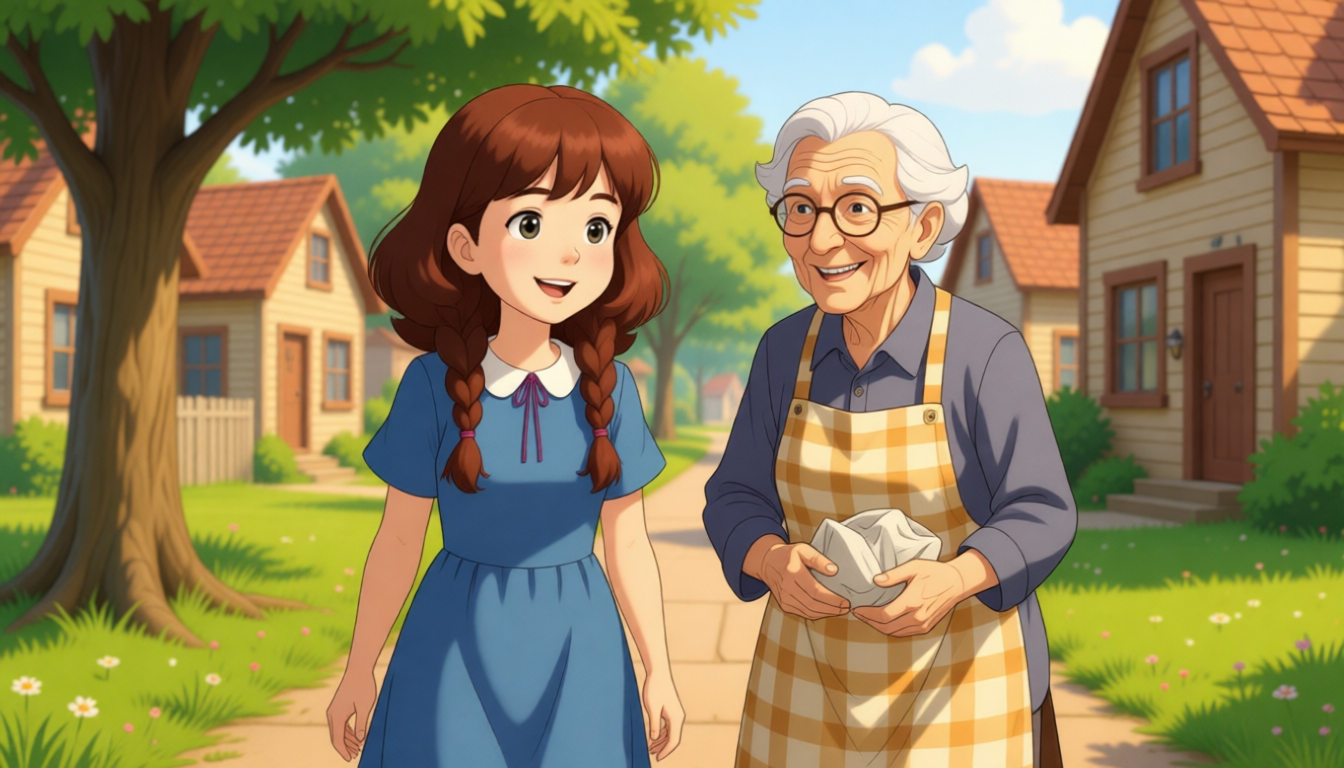 Amy helps the elderly neighbours take out the trash. They go for a walk together.