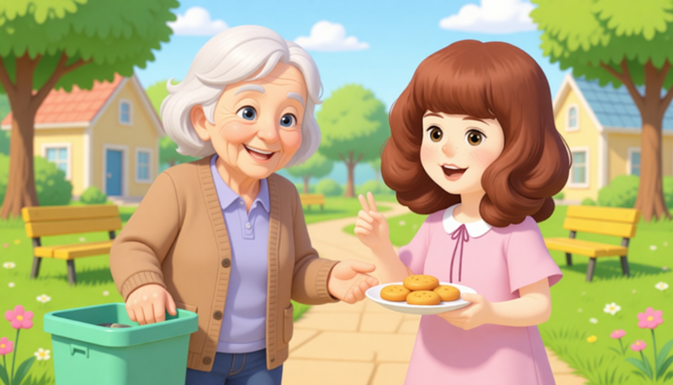 Amy helps the elderly neighbours take out the trash. She is very happy. They ask Amy to eat yummy cookies. Then they walk together in the park.