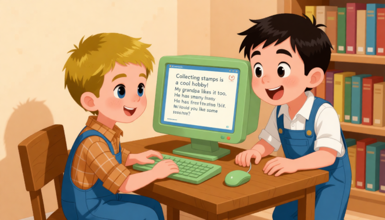 Peter writes an email back, "Collecting stamps is a cool hobby! My grandpa likes it too. He has many stamps from the UK. Would you like some?" Zhang Peng is very excited.