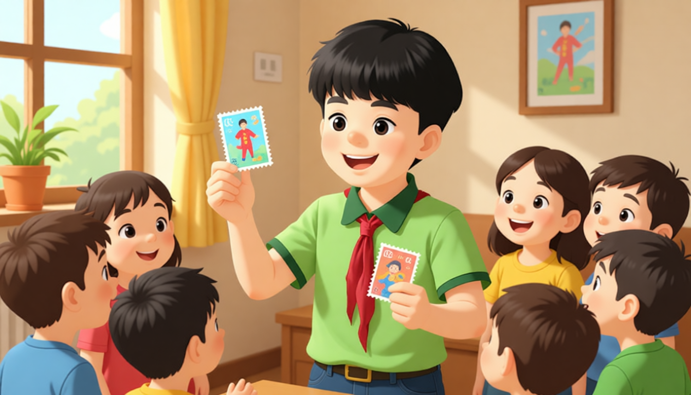 Zhang Peng gets the UK stamps. He decides to have a small stamp show. He shows stamps from China and the UK. Everyone learns new things. They think his hobby is great.