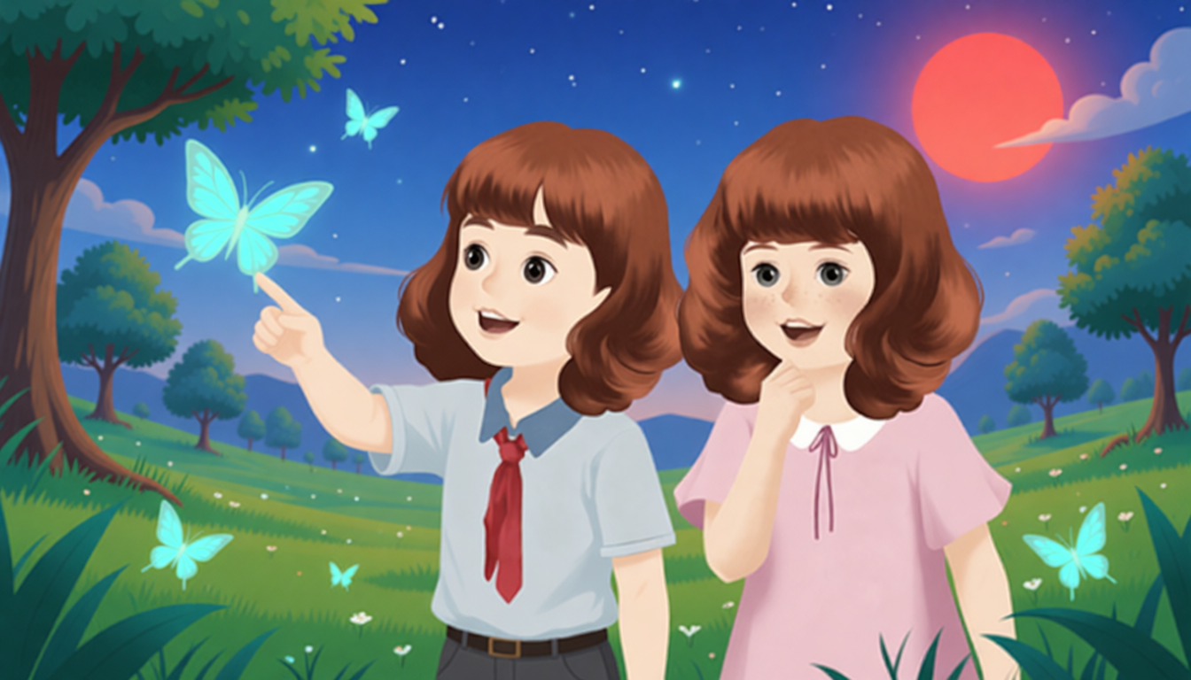 Let's find more colours! Amy says, "I see a lot of colours. There are green leaves and colourful butterflies." Wu Binbin says, "I, I also see a lot of colours. There is a blue sky and a red sun." Amy and Wu Binbin say together, "We want to find more beautiful colours."