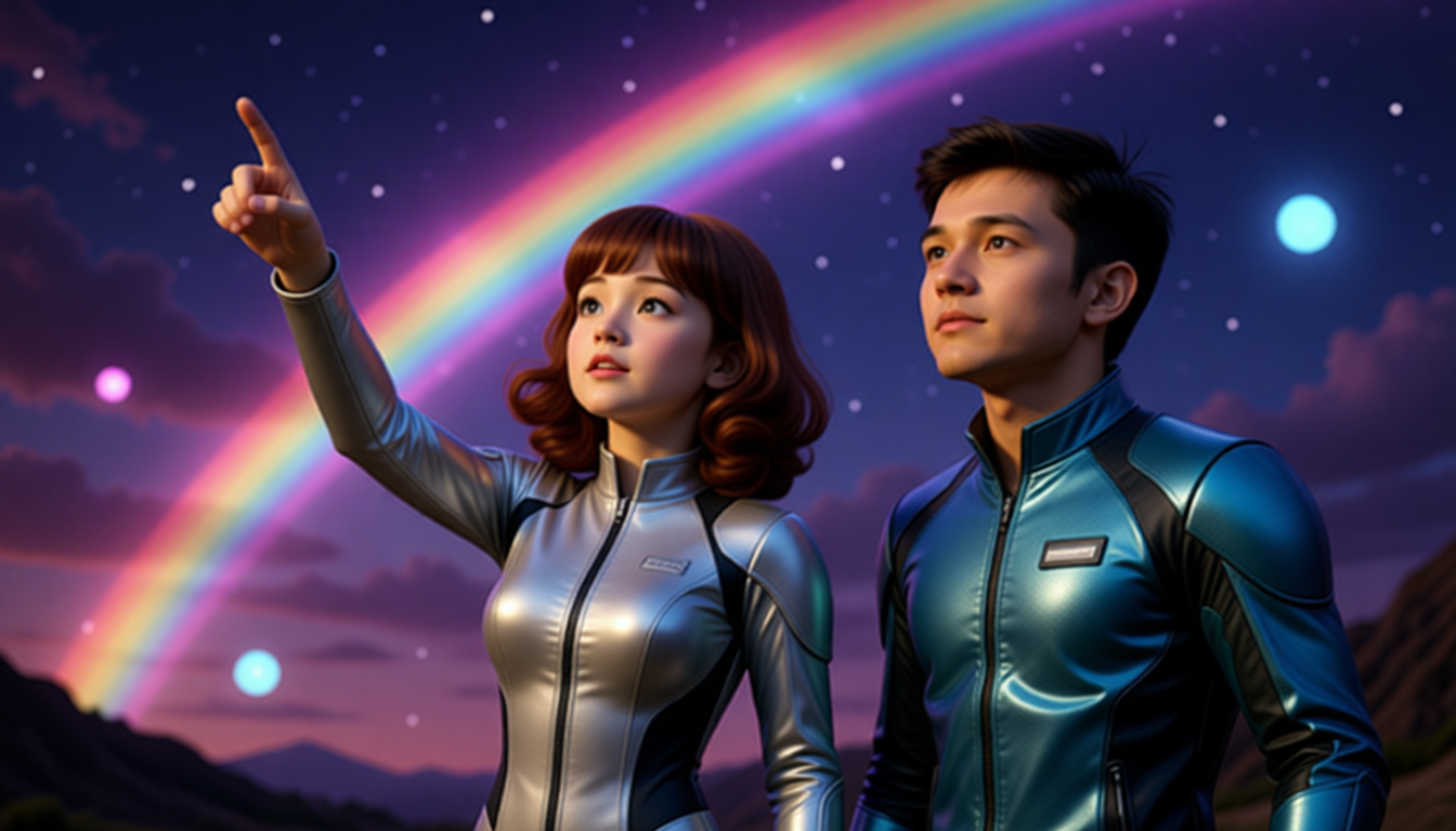 Look! A rainbow in the sky! It has red, orange, and yellow. So many colours! Wu Binbin says, "Amy, look! There is a rainbow in the sky. It has red, orange, and yellow. So many colours! I like rainbows best." Amy says, "I like rainbows too. Rainbows are colourful and very beautiful. They have so many colours. They are so beautiful!"