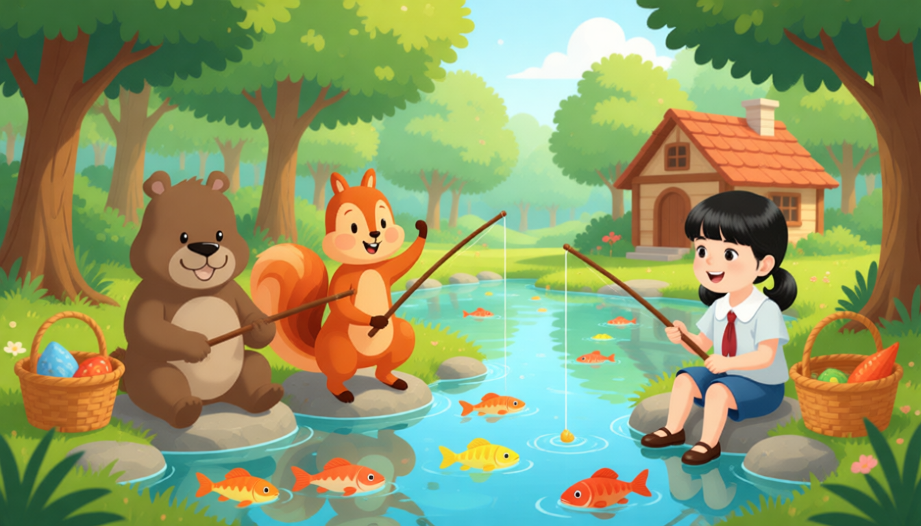 There was a cabin in the forest and guess what? It was Zip's home! Zip helped Zoom and Chen Jie get to the fish pond. They fished together. They caught a lot of big fish.