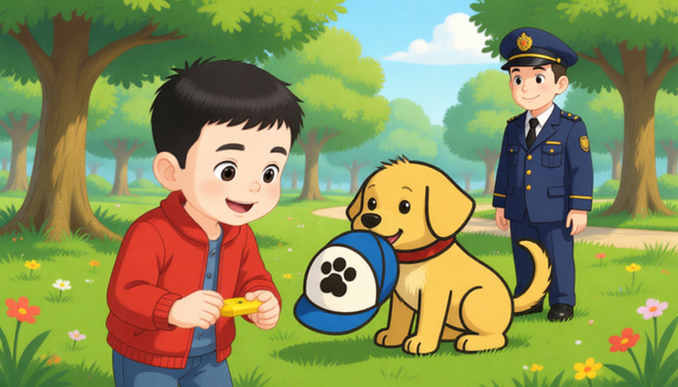 Wu Binbin continued looking for his cap. He went to the park at last. Suddenly, he saw a dog with his cap in its mouth. A park policeman told Wu Binbin that the dog was homeless.