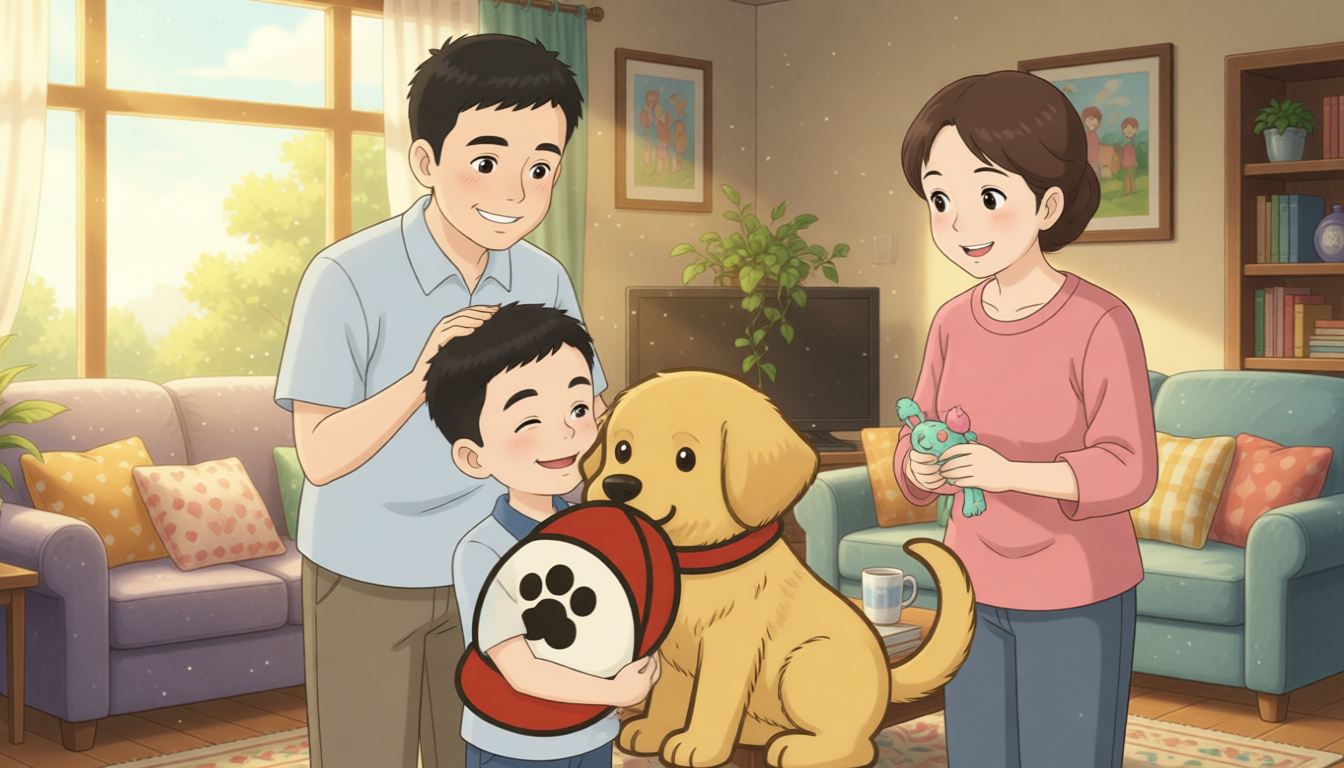 Wu Binbin liked the dog very much. He decided to take the dog home. His father and mother welcomed the dog. The dog became a new family member.