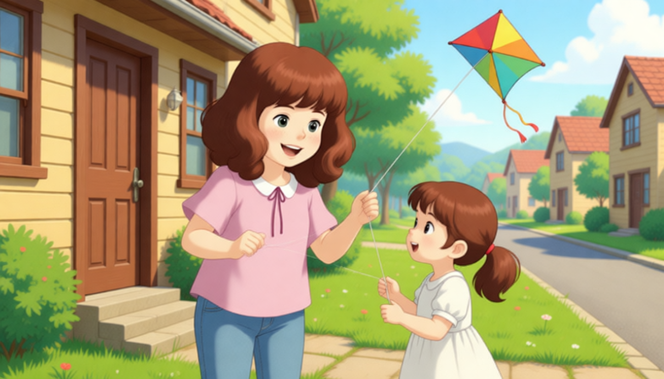 Amy holds the door open for her neighbour. Her neighbour is a little girl. The little girl can't fly a kite. She asks Amy to teach her. Amy says happily, "Hee-hee, I'll help you!" The little girl says happily, "Thank you so much! Let's play together!"
