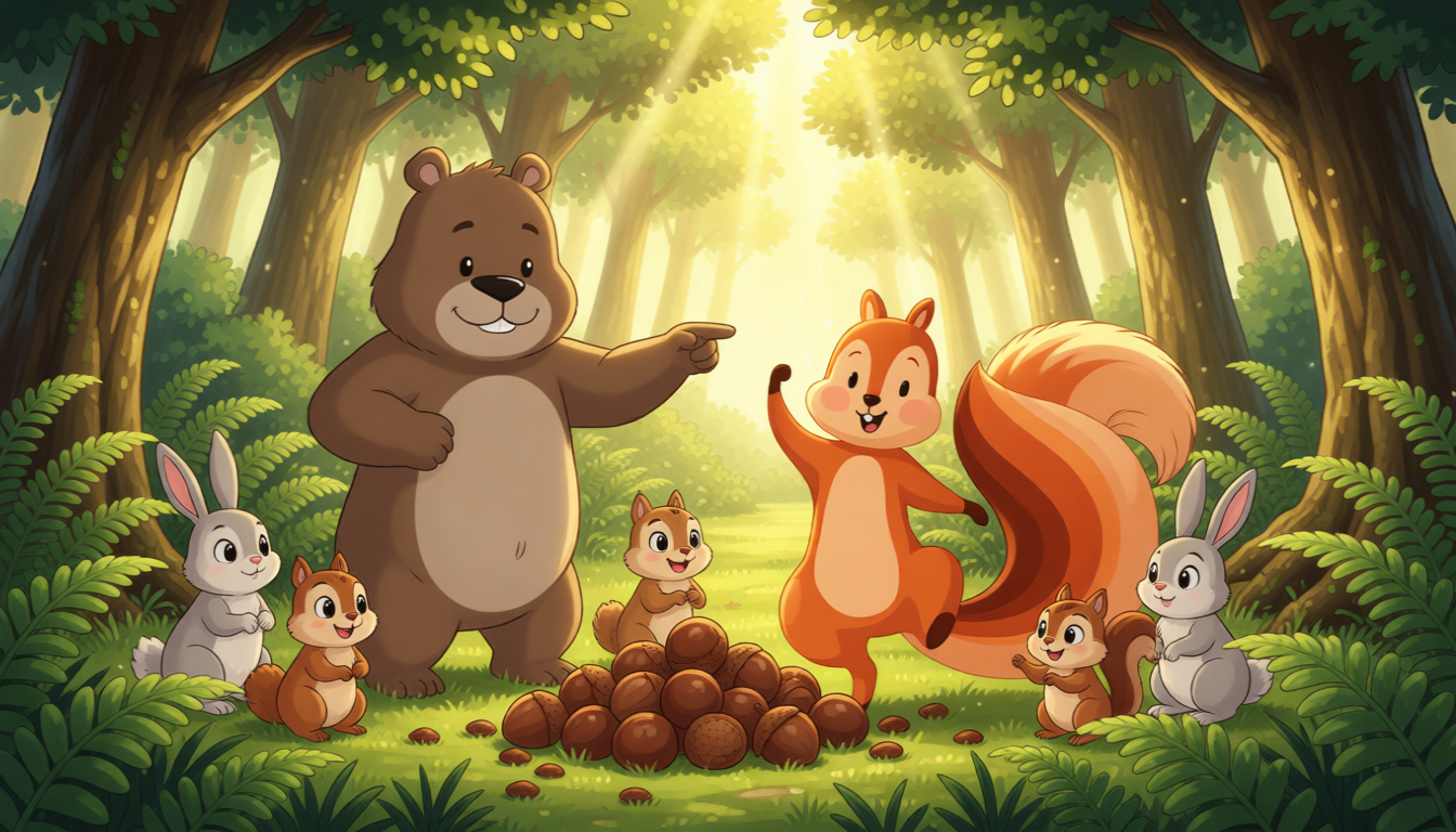 Zip has been gathering nuts. His friends say, "Thank you so much! We all like the nuts." They also say, "Next time, I will bring some nuts for you too."