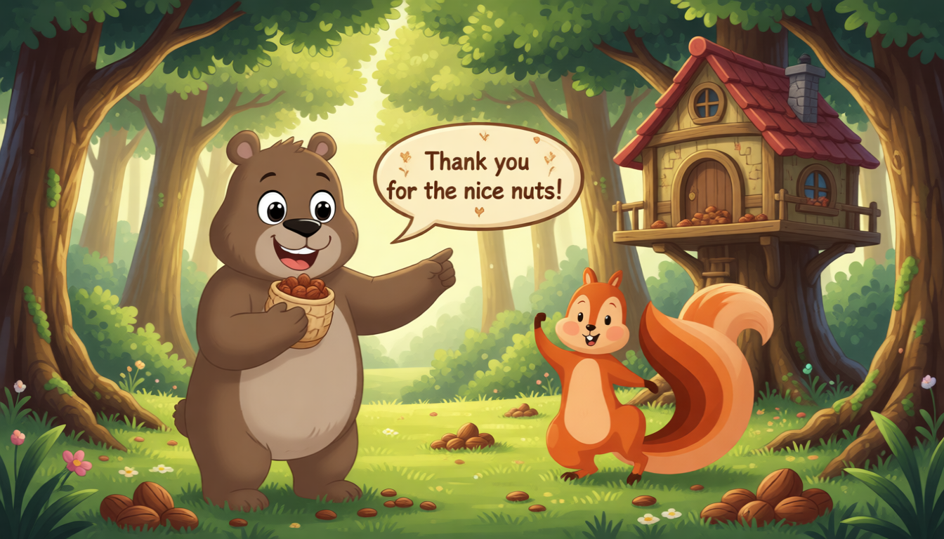 When Zoom sees the nuts, his eyes light up. He doesn't know the nuts are from his friend. He eats more and more. He likes them a lot. Then he knows the nuts are from his best friend. One day, he goes to his friend's house and says, "Thank you for the nice nuts!"