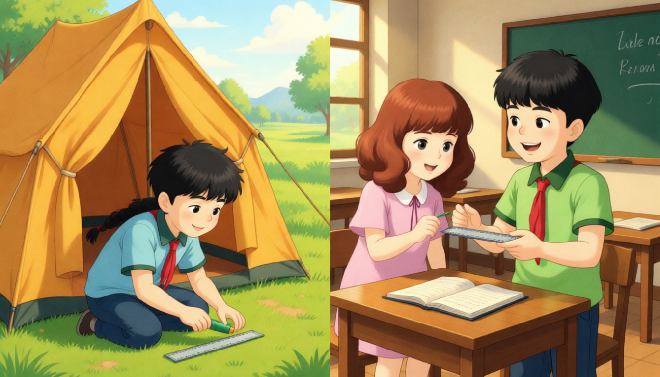 One day, Zhang Peng can't find his pencil. He looks hard for his pencil. Then Amy comes. Amy looks carefully around and finds the pencil under the tent's table. She gives it back to Zhang Peng. Zhang Peng smiles and says, "Thank you." Amy says, "It's okay." One day, they have a test. Amy doesn't bring her ruler. She says to Zhang Peng, "Can I borrow your ruler?" Zhang Peng says happily, "Of course!"