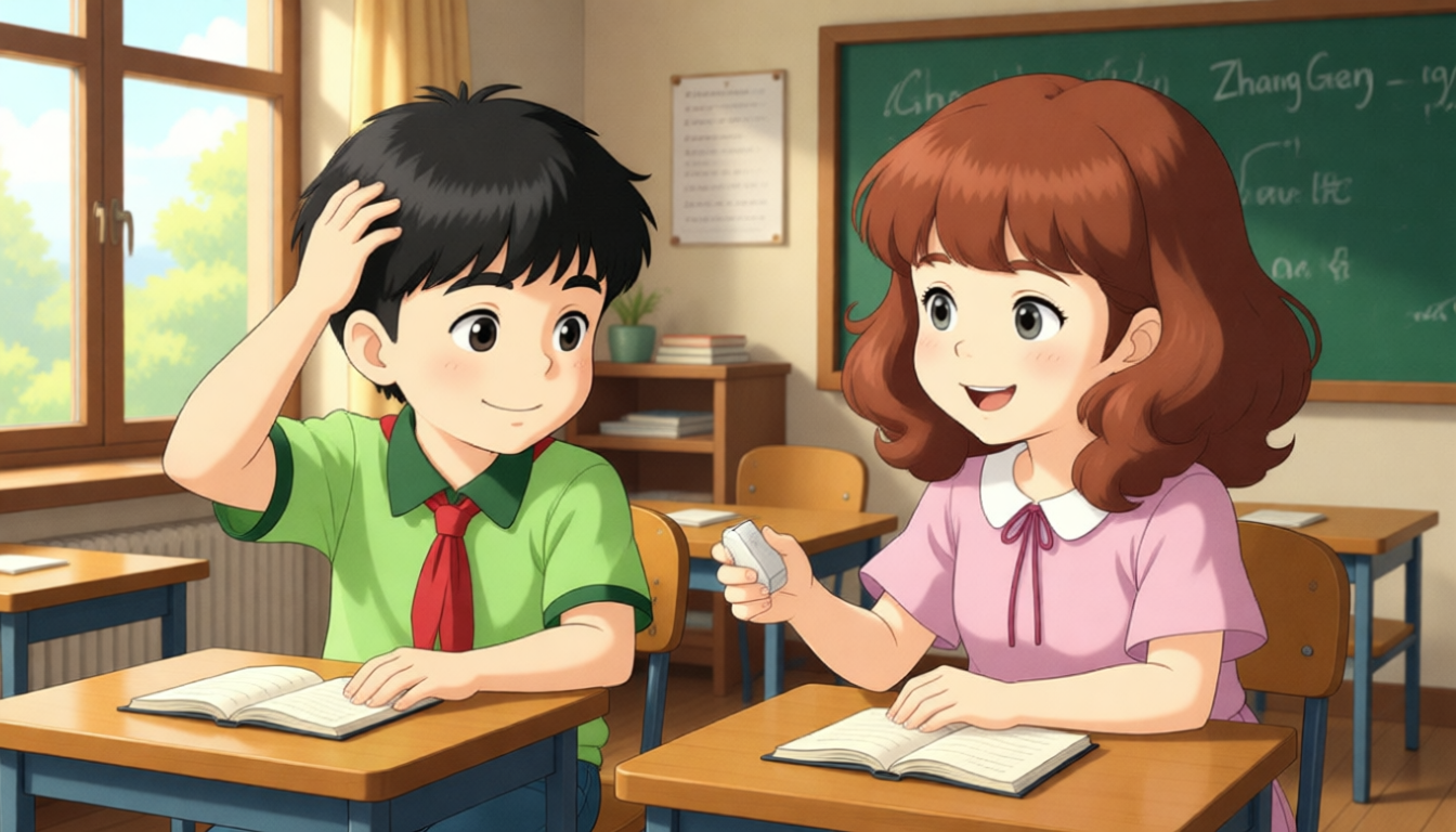 Zhang Peng is so happy to get his pencil back. One day, Amy forgets her eraser. She says to Zhang Peng, "Did you borrow my eraser last time?" Zhang Peng says, "Sorry, I think I forgot." Amy says, "It's okay. You returned it, so I'll forgive you." Then she asks, "Can I borrow your eraser?" Zhang Peng is happy to lend his eraser to her. He says, "You can borrow this eraser for one day. Please return it to me later."