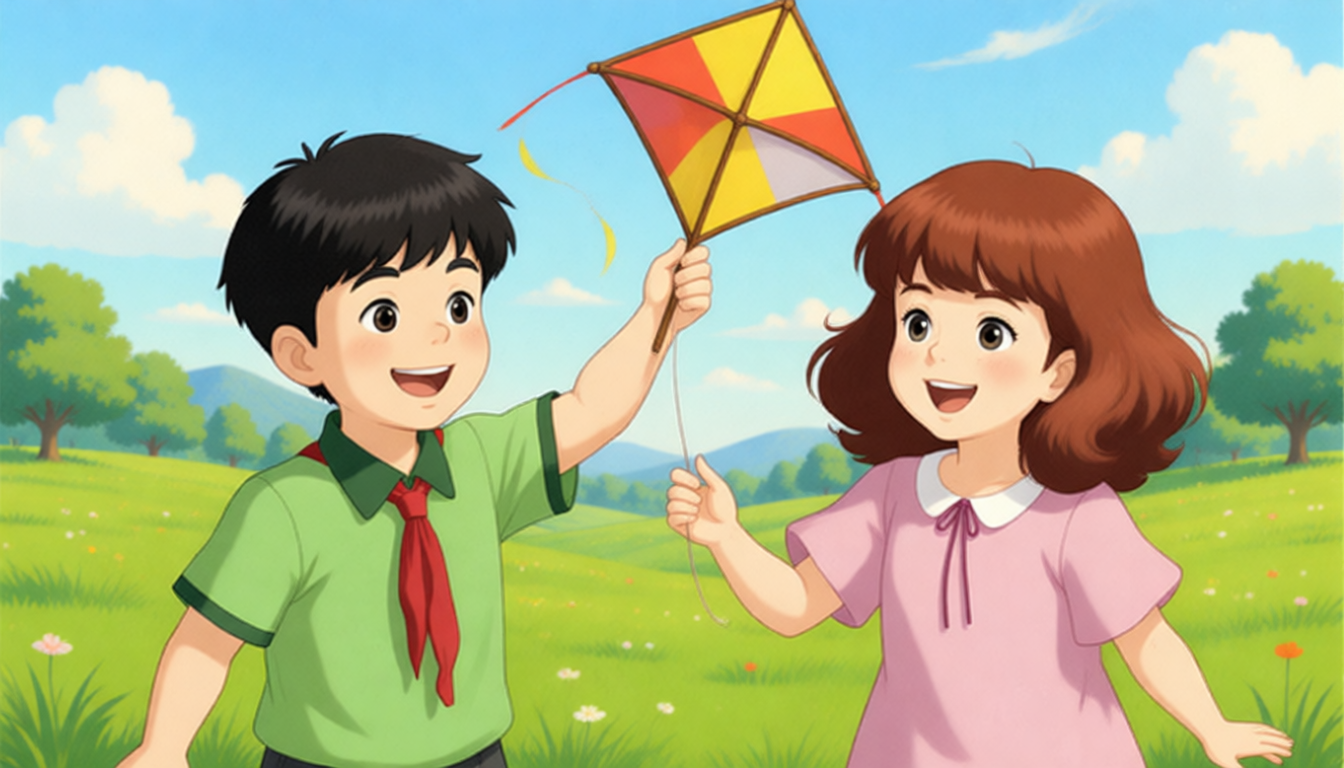 After that, Zhang Peng and Amy play together more often. One day, they go to fly kites. Amy doesn't bring her kite. Zhang Peng gives his kite to Amy happily and says, "Let's use one kite together." Amy says, "Great! Great!" Then they laugh happily.